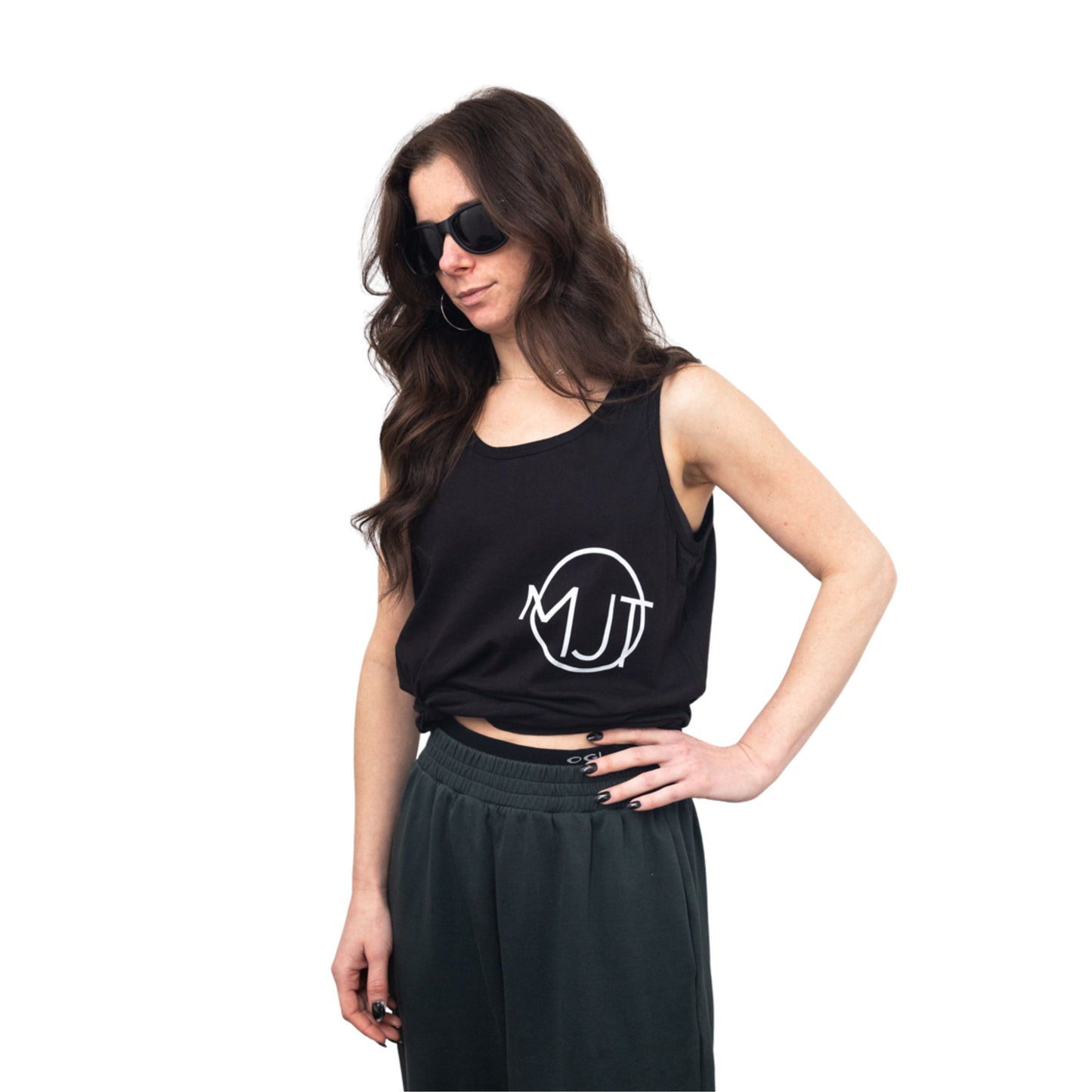 Woman wearing MJT muscle tank cropped as a womans shirt